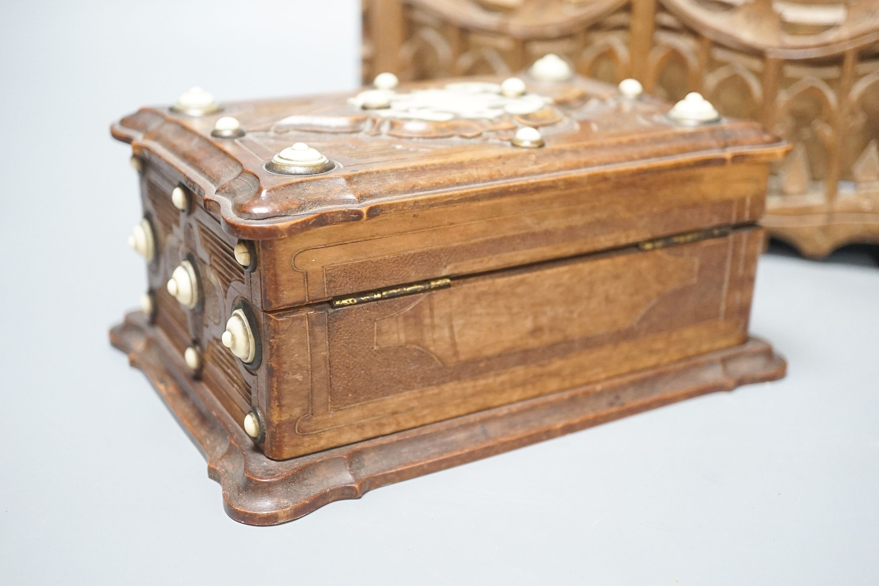 An Ivory mounted fruitwood box and a gothic style letter rack 25cm
